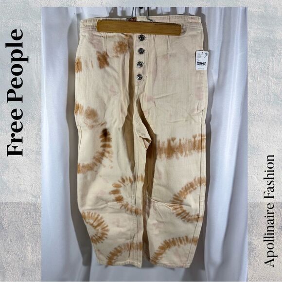 Free People Osaka Tie Dye Straight Leg Jeans Ivory Tan Combo Size 28 NWT - Picture 4 of 8